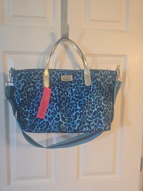 BNWT Lilly Pulitzer Blue Leopard Evita Tote With Adjustabke Strap & Gold Handles
